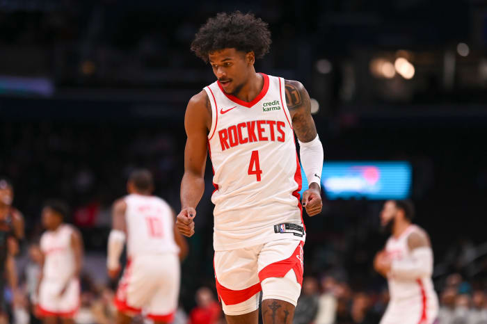 Rockets guard Jalen Green (4) reacts after making a three-point basket during the first half against the Washington Wizards at Capital One Arena.